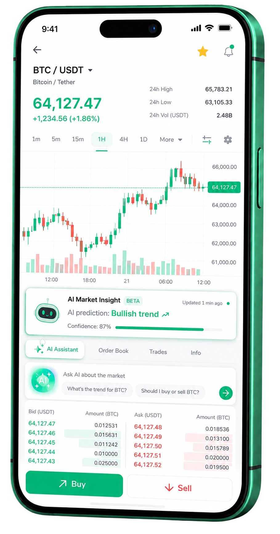 App mobile di trading Test09 in esecuzione su uno smartphone